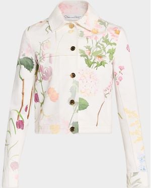 Oscar de la Renta Faded Mixed Botanical Print Cotton Single-Breasted Jacket - Natural