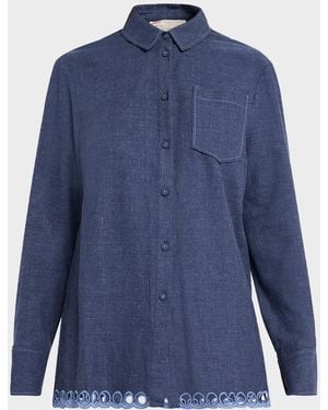 Maison Common Cutwork Embroidered Cotton Button-Down Shirt - Blue