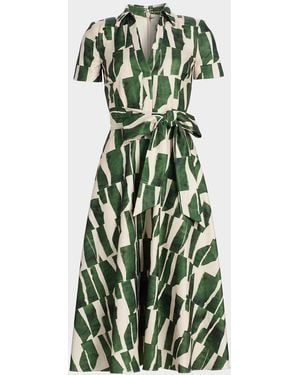 Badgley Mischka Geometric Tie-Waist Midi Shirtdress - Green