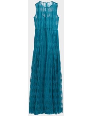 Akris High Plains Embroidered Sleeveless Tulle Gown - Blue