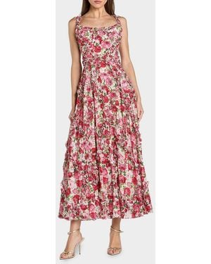 Mac Duggal Ruffle Floral Sweetheart Maxi Dress - Red
