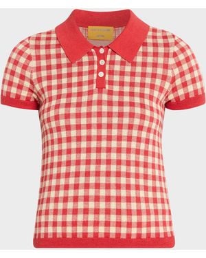 Guest In Residence Gingham Shrunken Silk-Linen Polo - Red
