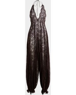 Etro Plunging Halter Lace Balloon-Leg Jumpsuit - Multicolor