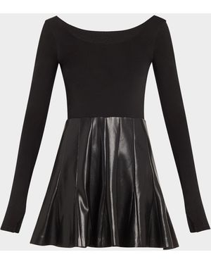 Alice + Olivia Chara Vegan Leather Long-Sleeve Pleated Mini Dress - Black