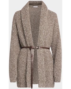 Brunello Cucinelli Micro Paillette Wool Knit Shawl-Collar Cardigan - Brown