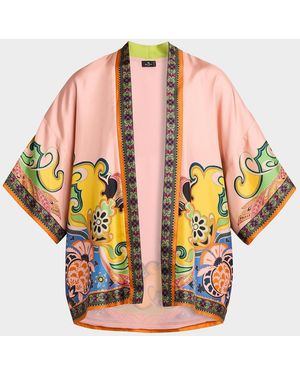 Etro Kesa Printed Silk Short-Sleeve Open Jacket - Pink