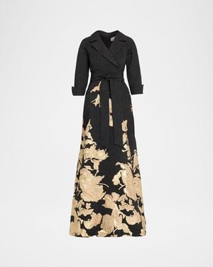 Teri Jon Metallic Floral Jacquard Shirt Gown - Multicolor