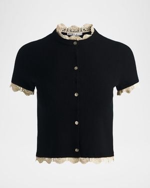 Alice + Olivia Ciara Crochet-Trim Ribbed Cardigan - Black