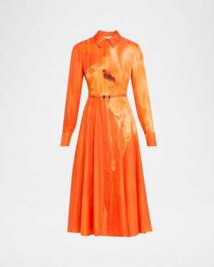 Jason Wu Pleated Watercolor-Print Silk Midi Shirtdress - Orange