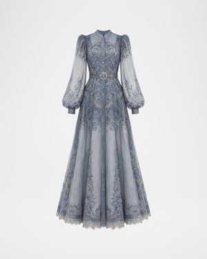 Mac Duggal Floral Printed Belted Maxi Dress - Blue