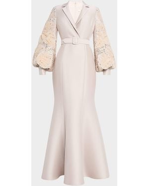 Badgley Mischka Embellished-Sleeve Mermaid Shirt Gown - Pink