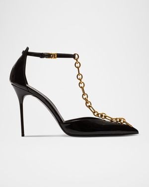 Balmain Sync Patent Leather Chain T-Strap Pumps - White