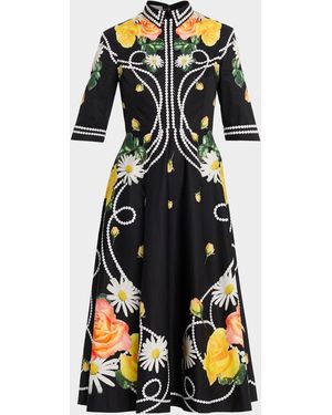 Teri Jon Floral & Pearl-Print Cotton Midi Shirtdress - Black