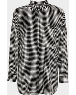 Eileen Fisher Crinkled Wool-Cotton Grid Shirt - Gray