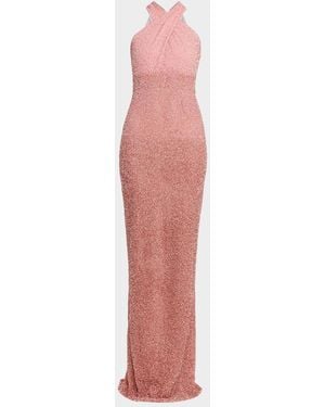 Pamella Roland Sequined Crisscross Halter Gown - Pink