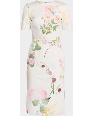 Oscar de la Renta Faded Botanical Short-Sleeve Midi Dress With Belt - White