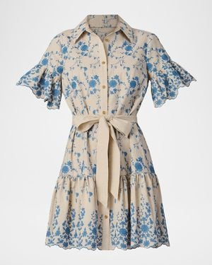Shoshanna Lima Scalloped Floral-Embroidered Mini Dress - Blue