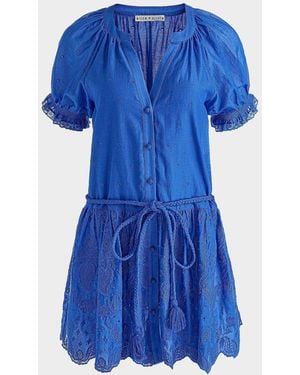 Alice + Olivia Thalia Tie-Waist Eyelet Cotton A-Line Mini Dress - Blue