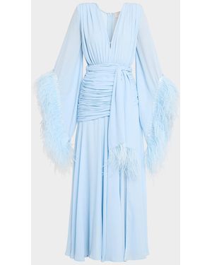 Bronx and Banco Geisha Feather-Trim Deep V-Neck Gown - Blue
