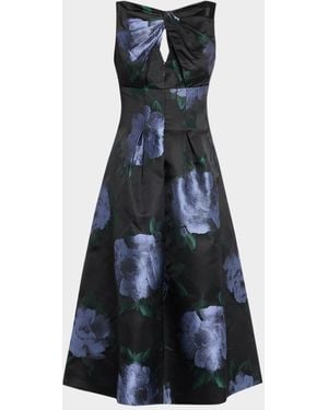 Kay Unger Mia Pleated Floral-Print Cutout Midi Dress - Blue