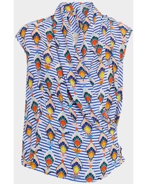 Maison Common Striped Geometric-Print Silk Blouse - Blue