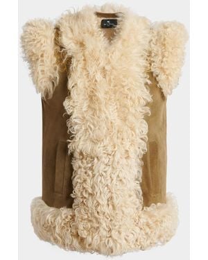 Etro Peacock Embroidered Lamb Shearling Vest - Natural