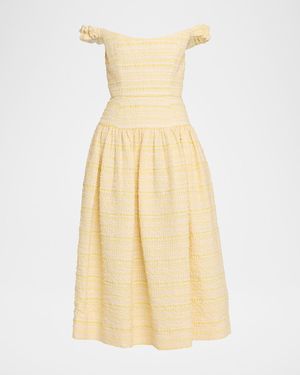 Markarian Georgie Striped Seersucker Off-The-Shoulder Midi Dress - Yellow