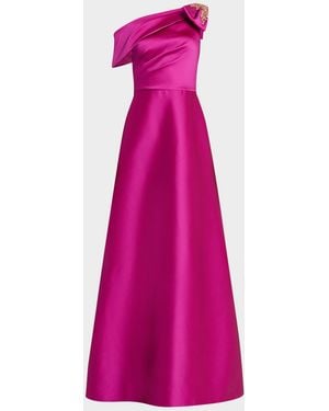 Teri Jon Draped One-Shoulder Bow Gown - Pink