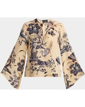 Etro Floral-Print Silk Flare-Sleeve Top - Natural