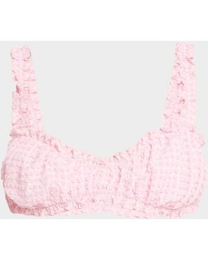 Jonathan Simkhai Evander Ruched Gingham Seersucker Bikini Top - Pink