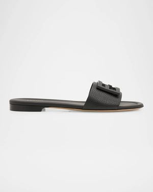Fendi Ff Leather Flat Sandals - Black