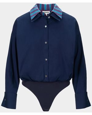 STAUD Uptown Stripe Collar Bodysuit - Blue