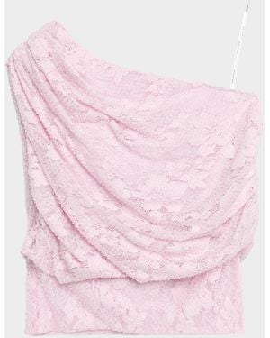 Self-Portrait Rhinestone Lace Asymmetric Drape Top - Pink