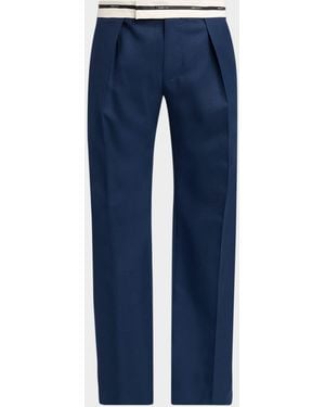 McQueen Apos;S Wool Stripe-Waistband Wide-Leg Pleated Pants - Blue