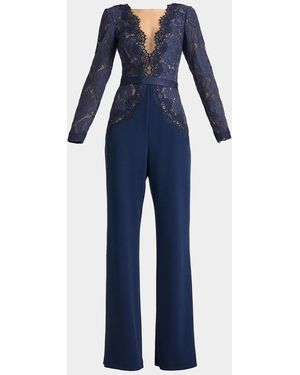 Tadashi Shoji Amaris Plunging Illusion Lace & Crepe Jumpsuit - Blue