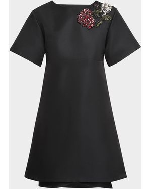 McQueen Crystal Rose Short-Sleeve Taffeta Mini Dress - Black