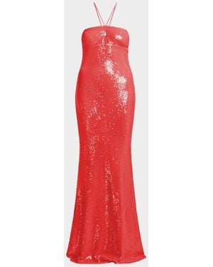 BCBGMAXAZRIA Colette Sequin Halter Column Gown - Red