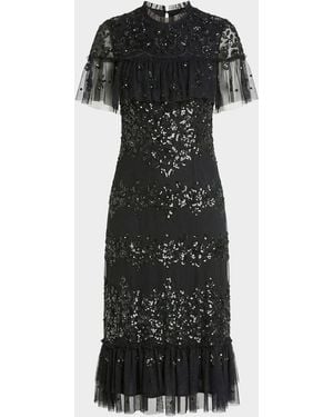 Mac Duggal Ruffle-Trim Sequin Mesh Midi Dress - Black