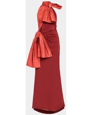 Christopher John Rogers Silk Crepe De Chine Double-Bow Taffeta Halter Gown - Red