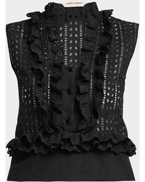 Alberta Ferretti Eyelet Embroidered Ruffle Sleeveless Top - Black