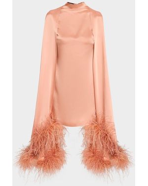 LAPOINTE Feather Trim Satin Cape Sleeve Mini Dress - Pink