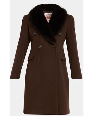 Fleurette Wool Double-Breasted Coat With Faux Fur Collar - Brown