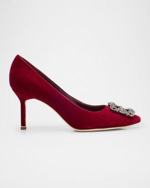 Manolo Blahnik Hangisi Velvet Pumps With Crystal Buckle - Red