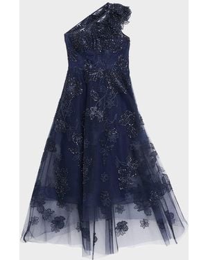 Teri Jon Floral Beaded One-Shoulder Tulle Gown - Blue