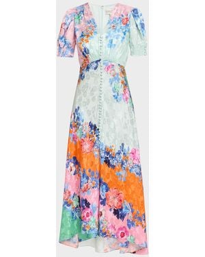 Saloni Lea Floral Silk Jacquard Button-Front Midi Dress - White