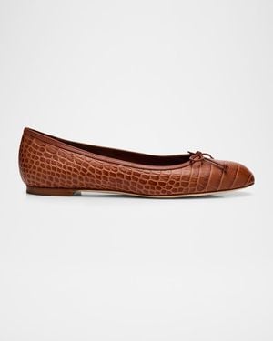 Manolo Blahnik Verallim Croc-Embossed Leather Ballerina Flats - Brown