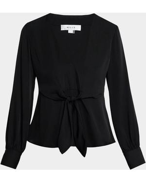 MILLY Noa Stretch-Silk Tie V-Neck Top - Black
