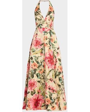 Aidan Mattox Floral Jacquard Plunging Halter Gown - White