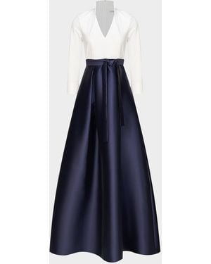 Kay Unger Phoebe 3/4-Sleeve Collared Poplin A-Line Gown - Blue