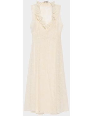 Alberta Ferretti Sleeveless Ruffle V-Neck Floral Silk Tulle Midi Dress - White